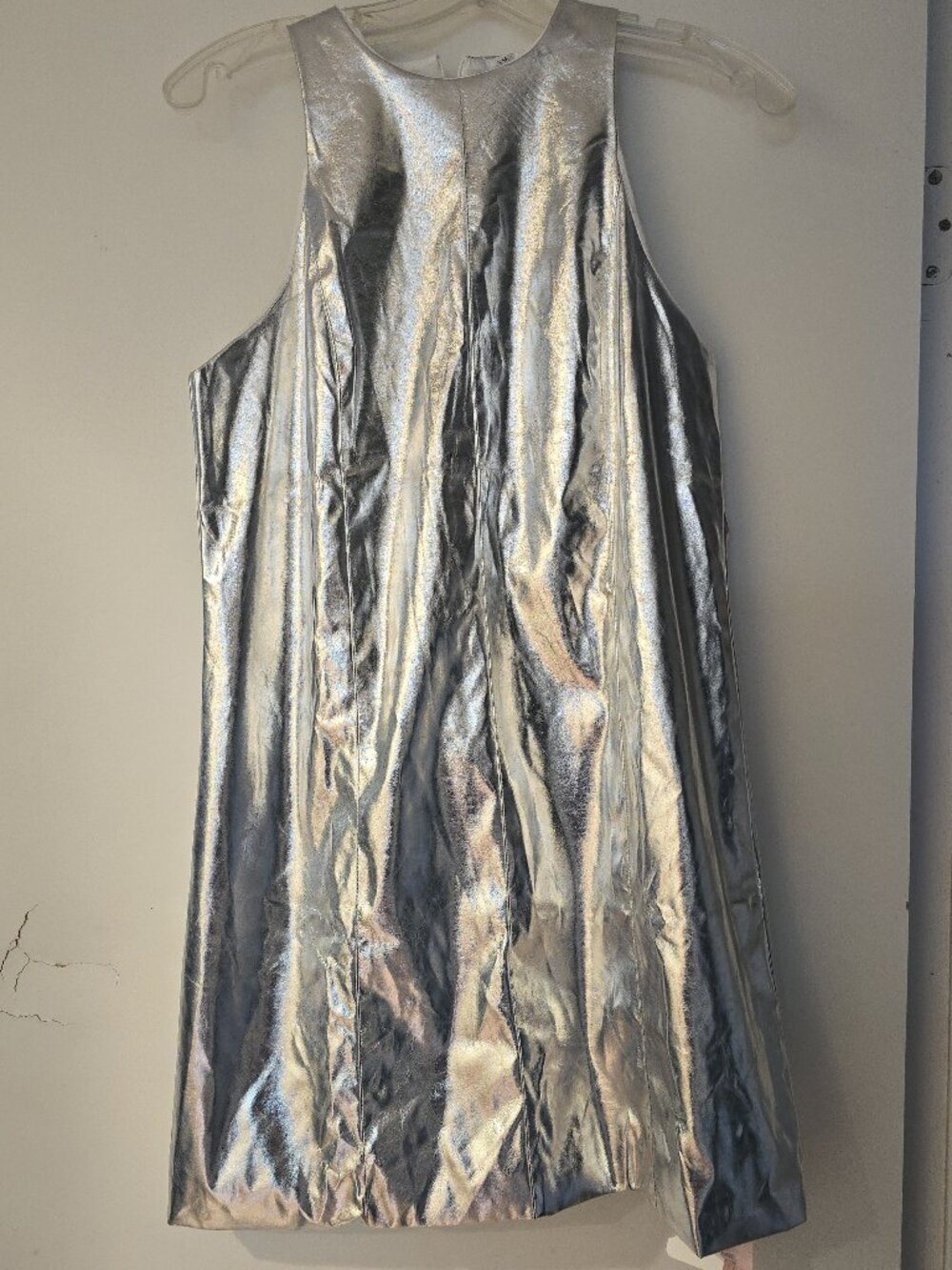 Sunfere Silver Metallic Faux Leather Sleeveless Mini Dress Size M NWT